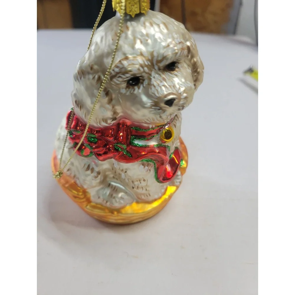 Champagne‎ Glass Dog in Basket Christmas Ornament Poodle Doodle Red Scarf 4.5